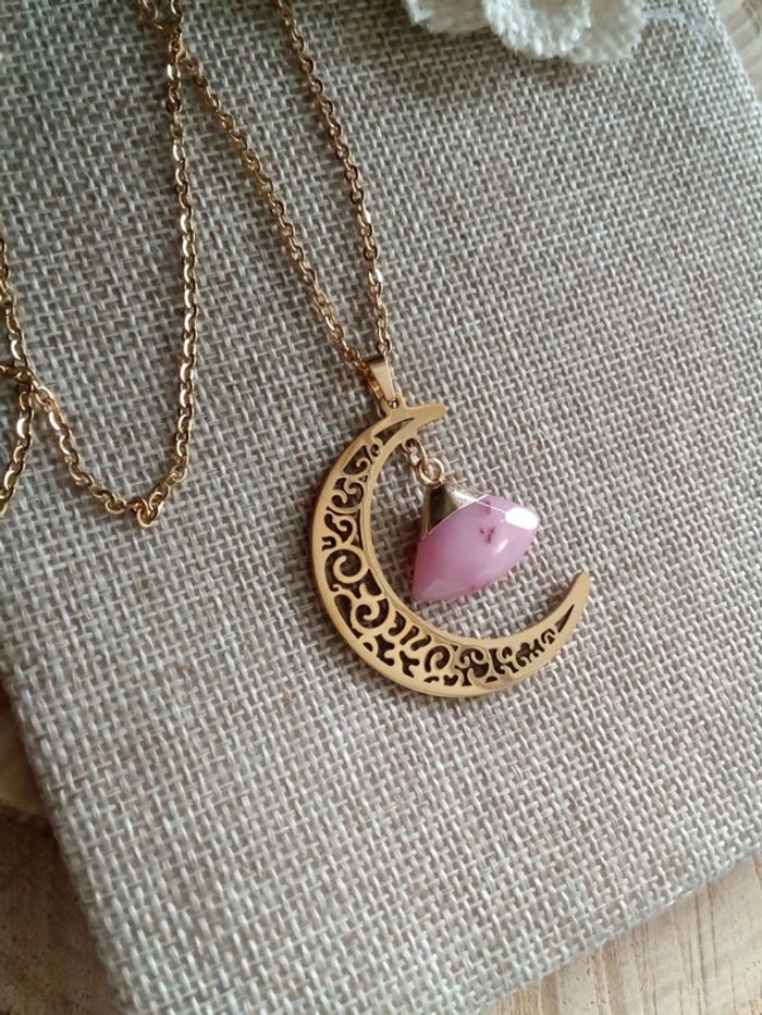 Collier lune filigranée et pierre quartz rose - photo numéro 2