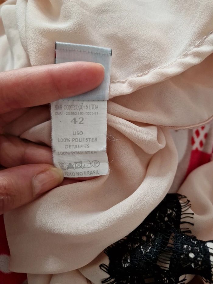 Joli haut d'été rose pâle manches mi longues broderies en dentelle noir taille 42 - photo numéro 8