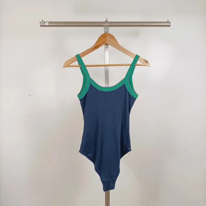 Body côtelé Monoprix Femme bleu marine liseré vert T.S bretelles larges coton stretch A1264 - photo numéro 6