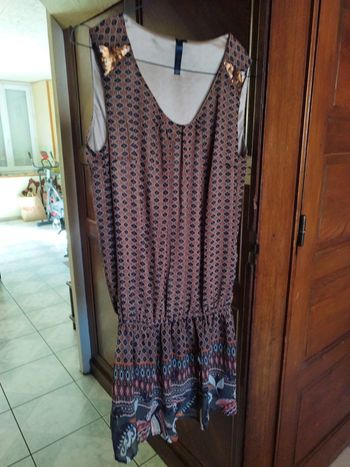 Top tunique marron aztèque sequins vintage S/36
