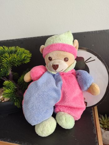 Doudou ours rose vert bleu peluche nounours  violet marron ancien Bonnet Beige
