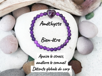 Bracelet en Améthyste naturelle – perles 6 mm & cœur en Améthyste + Fleur de vie