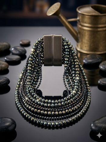 Bracelet Manchette Multirang Perles Facettées Hématite & Bronze – Large Fermoir Aimanté Brossé