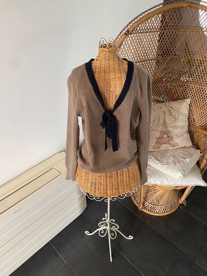 Pull Acanthe cachemire marron avec col V marine taille 1 - photo numéro 2