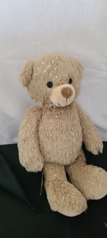 DOUDOU PELUCHE DAMART OURS BEIGE MARRON PAILLETTE DOREE OR