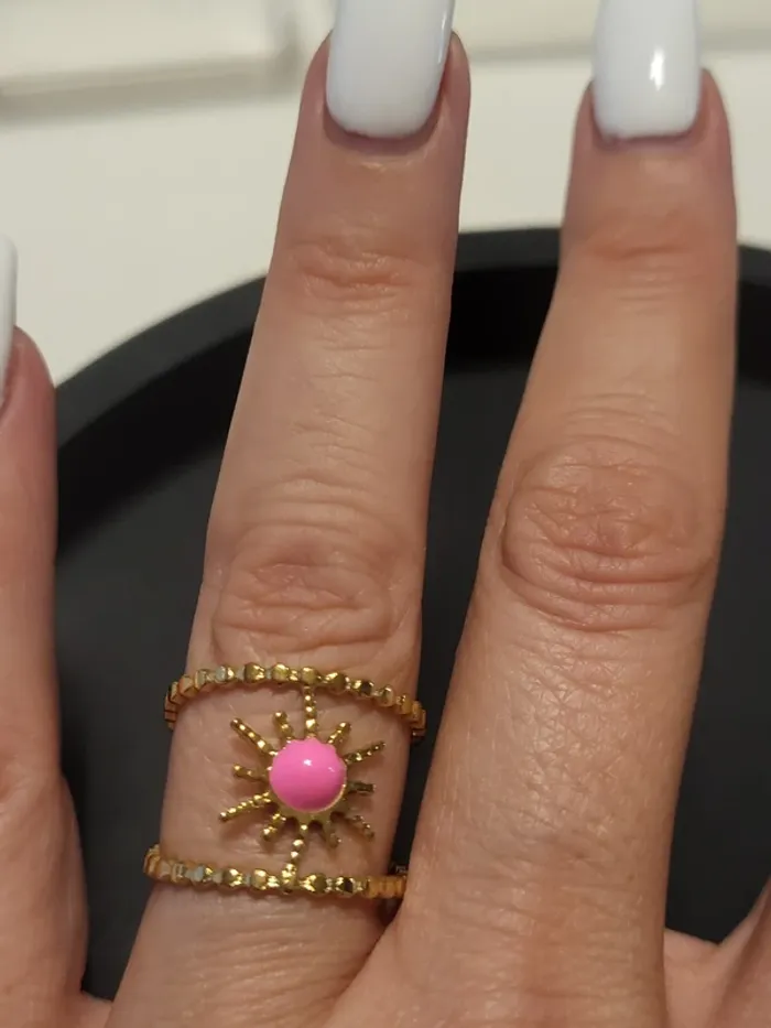 Bague ajustable en acier inoxydable doré avec Soleil rose - photo numéro 3