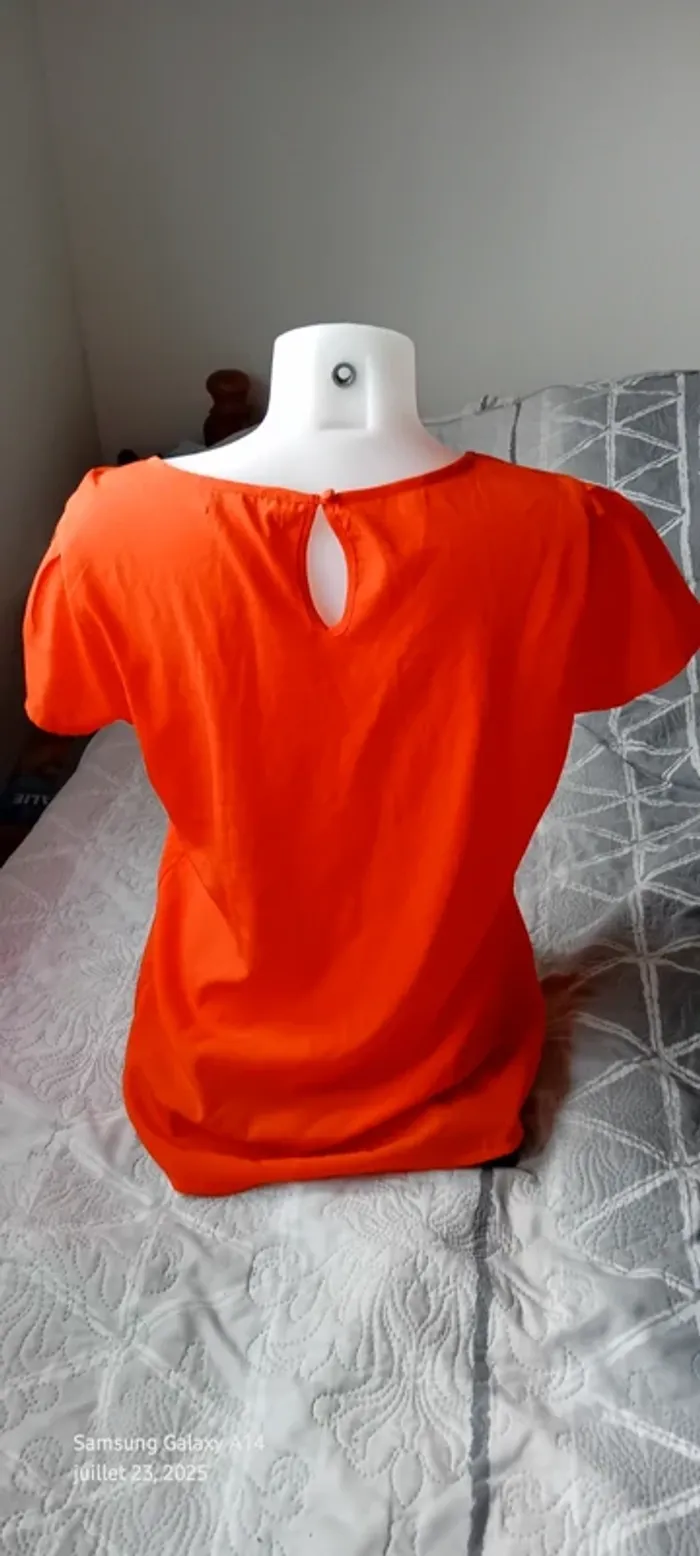 Blouse légère manches courtes col rond ouverture goutte d eau au dos orange femme L - photo numéro 5