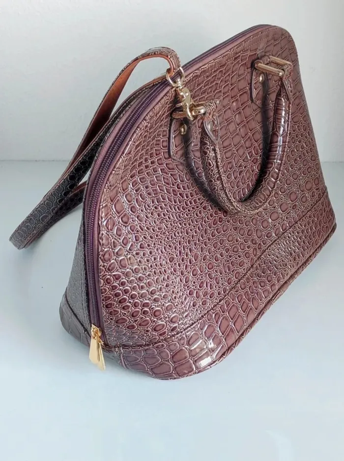 Sac à main marron cuir vernis bandoulière amovible écaille vintage / Lucia Tommasi - 33x24x17cm - photo numéro 11