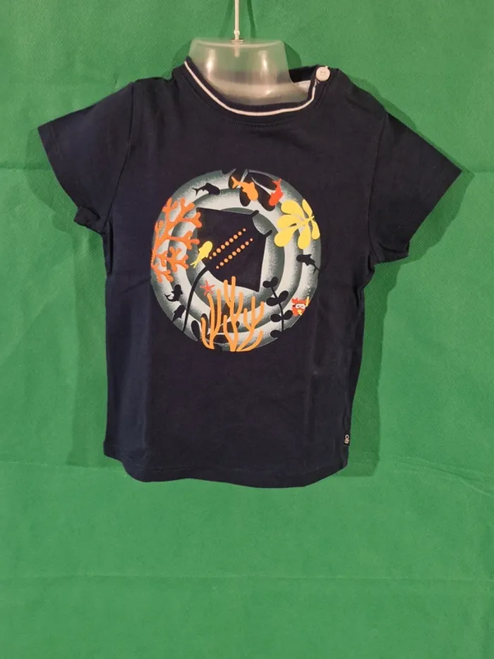 T-shirt manches courtes motif raie manta et coraux bleu marine 12 mois (74 cm) Obaïbi