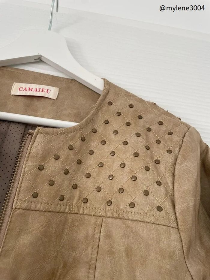 Veste perfecto classe similicuir beige marron camel avec poches et strass fermeture éclair - photo numéro 4