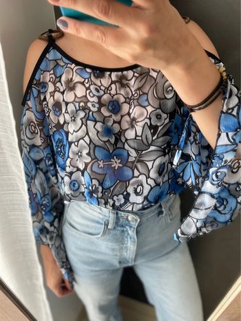 Blouse transparente fleur bleu