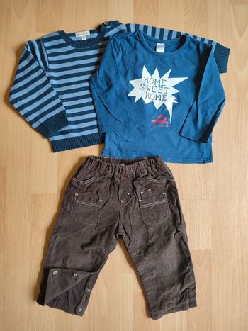 Lot tenue pantalon P'tit bisou + t-shirt manches longues Zara Baby + pull Grain de blé en 18M