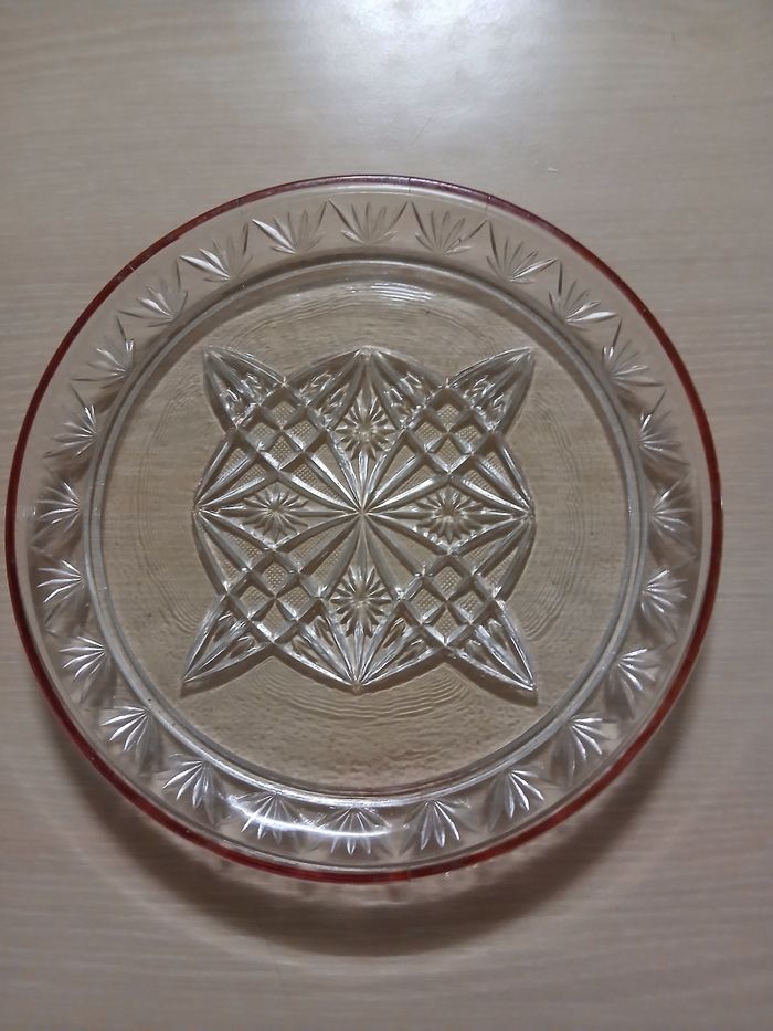 Plat rond en verre vintage motif feuilles mauve sur le rebord 23x23 cm - photo numéro 4