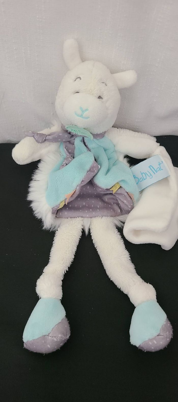 Doudou Lama bleu gris blanc avec mouchoir BABY NAT - photo numéro 4