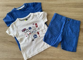Ensemble short et 2 tshirts garcon 3 mois bleu blanc Orchestra et Obaibi