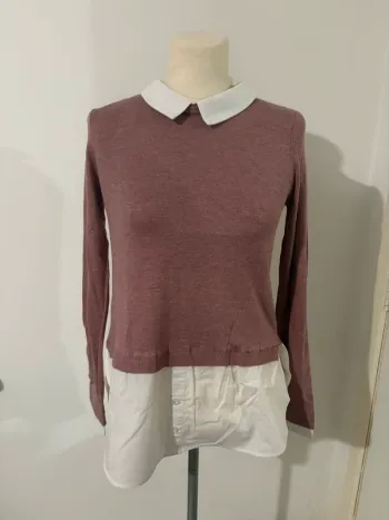 Pull chemise rose poudré col blanc Atmosphere – Taille S