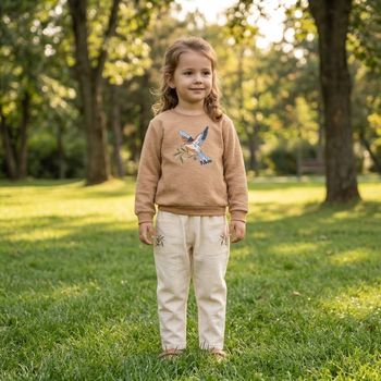 Ensemble Fille 5–6 Ans Élégant & Moderne – Sweat Brodé & Pantalon Caramel Crème