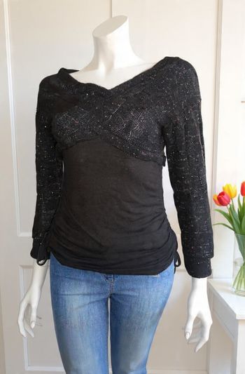 top pull 2 en 1 marron paillettes dorées taille 38 stretch impeccable torsades