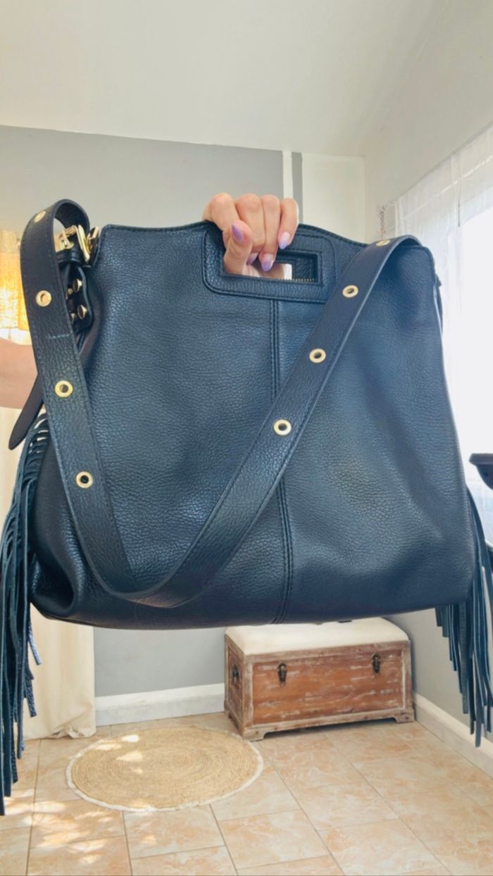 Sac noir cuir élégant grand modèle avec franges - photo numéro 5