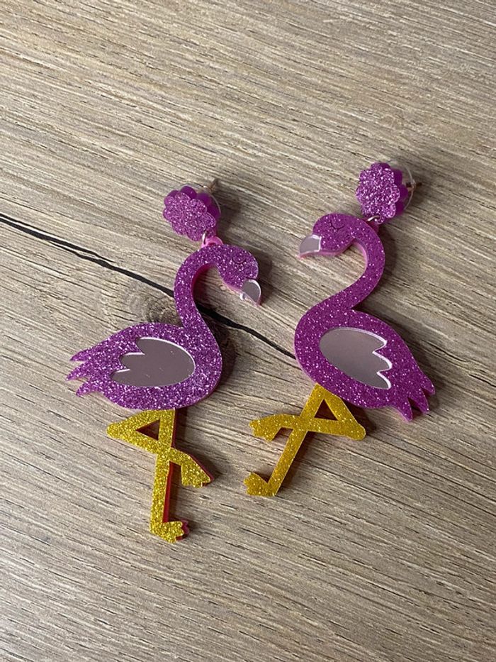 Boucles d oreilles acrylique flamand rose - photo numéro 2
