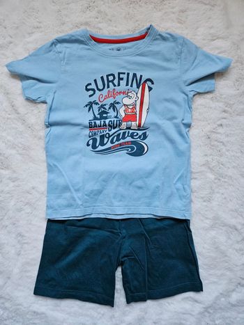 Pyjama deux pièces été tshirt manche courte short bleu surf surfing waves