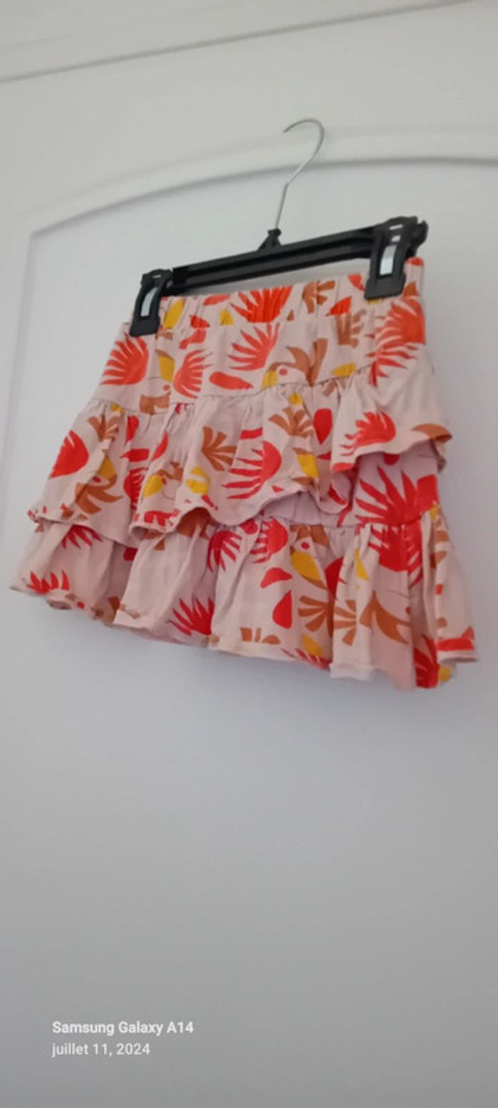 Jupe courte à volants motif feuillage corail fille 8 ans vert baudet - photo numéro 3