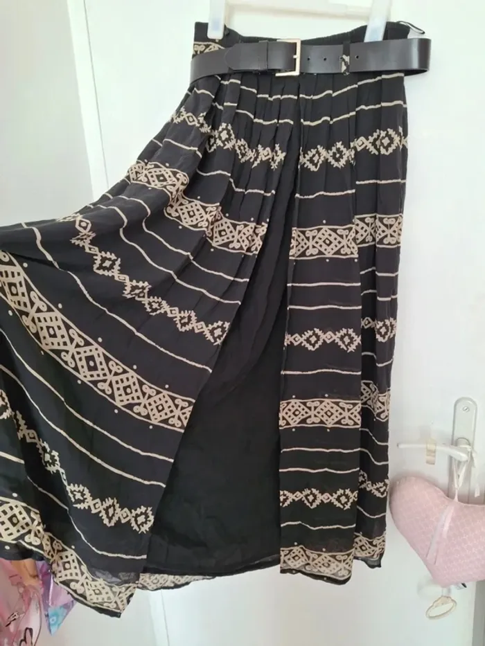 Jupe longue noire beige avec ceinture marc aurel taille 36 S - photo numéro 4