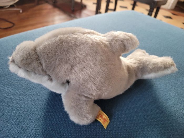 Dauphin en peluche Steiff 25cm collection doudou gris bleu blanc saute océan mer etiquette - photo numéro 2