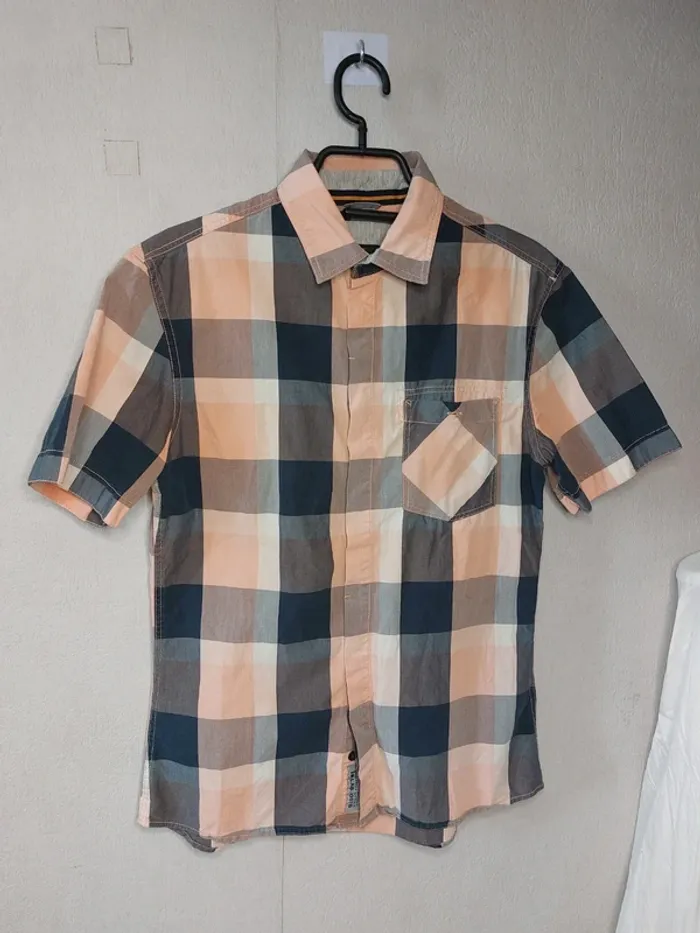 Chemise manche courte à carreaux corail et bleu "Celio"