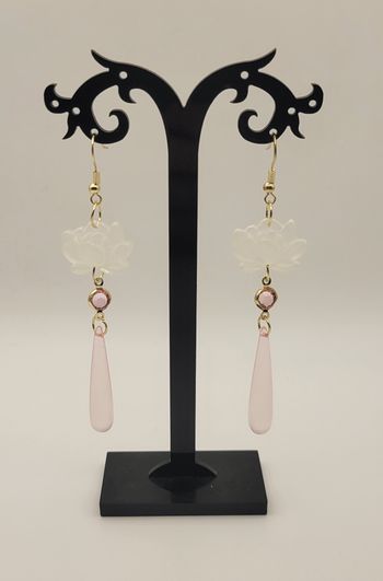 BOUCLES D'OREILLES PENDANTES LOTUS GOUTTE D'EAU ROSE ! NEUVE !