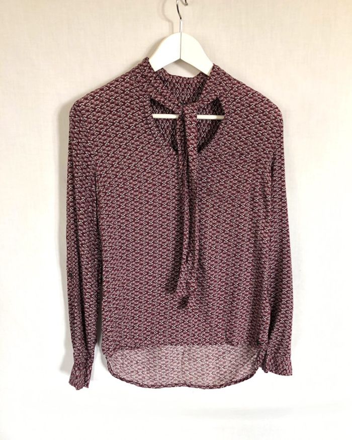 Blouse graphique violine à lavallière Bonobo XS / 34 36 comme neuve - photo numéro 10