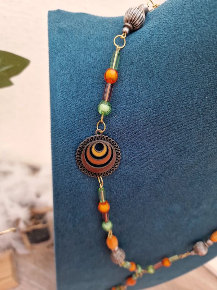 Collier Sautoir Doré Perles Orange Vert Marron - photo numéro 6