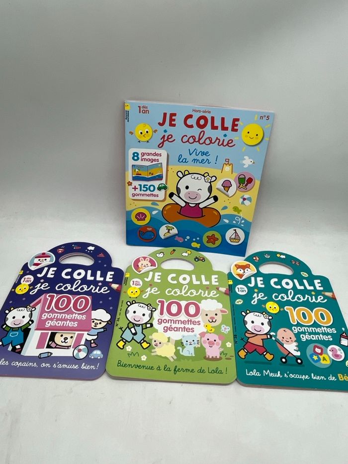 Lot de 4 livres d’activités Magazine Je colle je colorie Avec 100 gommettes géantes imagier neuf avec Lola meuh
