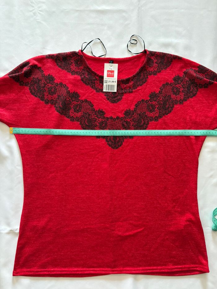 Pull rouge à manches 3-4 avec détail noir en dentelle - Plus Collection - 3XL/4XL-46/48 - photo numéro 6