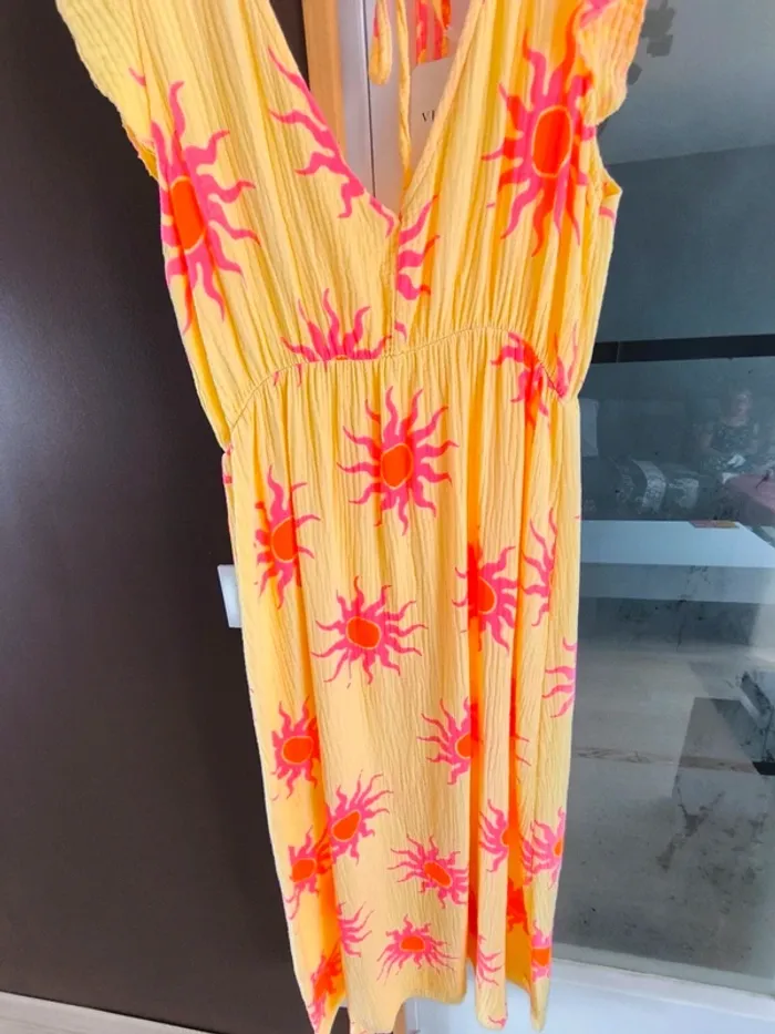 Robe longue été jaune et rose gaz de coton imprimé soleil TU 36 à 42 - photo numéro 12