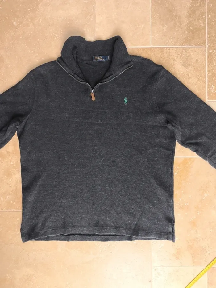 Pull quart zip camionneur gris foncé logo vert Ralph Lauren homme L excellent état - photo numéro 13