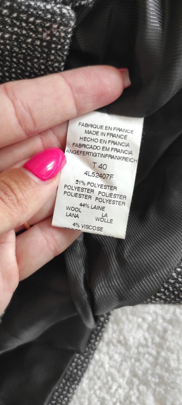 Veste cardigan caban court Caroll 40 gris noir blanc en laine col montant gros bouton, classe - photo numéro 13
