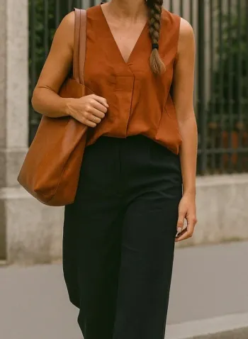 Blouse bohème chic rouille sans manches – parfait pour un look de rentrée tendance