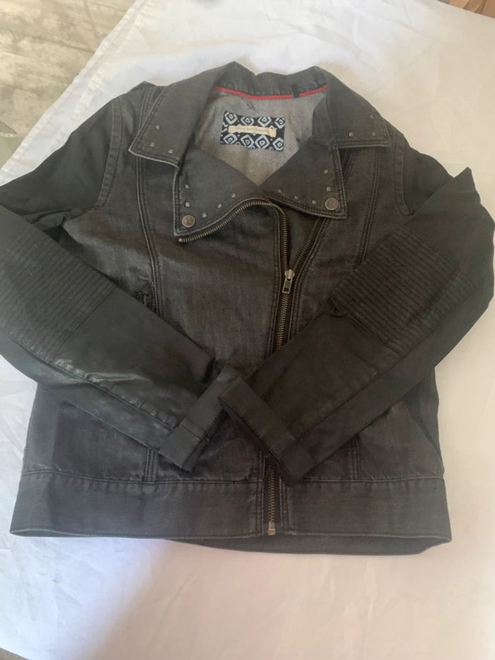 Veste en jean noire Ikks brillant manches similicuir taille 36 - photo numéro 2
