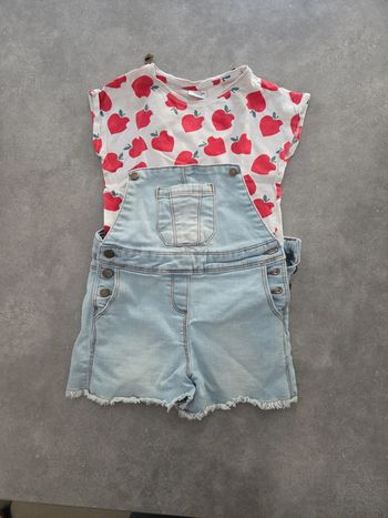 Ensemble 2 pièces fille salopette short jean Tshirt motifs T2ans TBE tape à l'œil