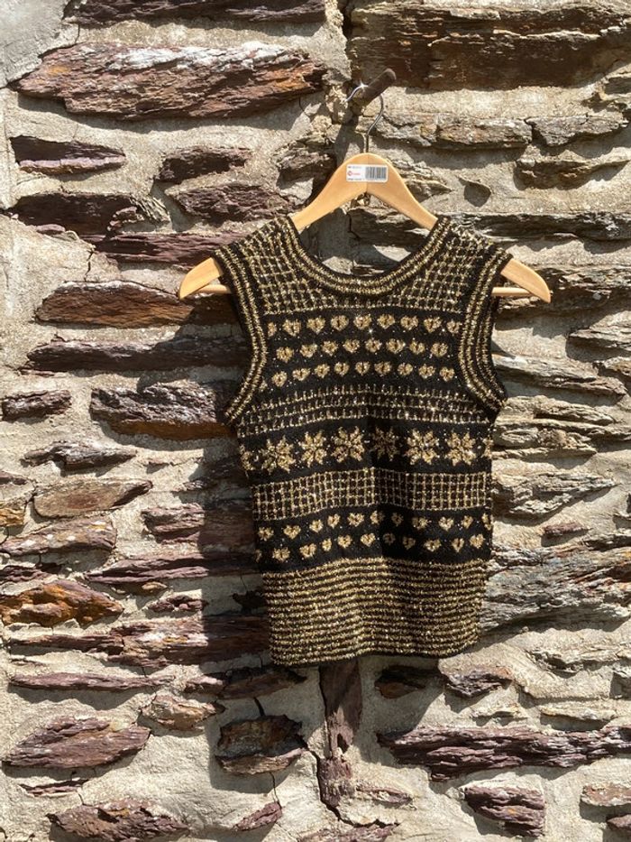 📌 Débardeur vintage fait main noir & doré – pièce unique - photo numéro 4
