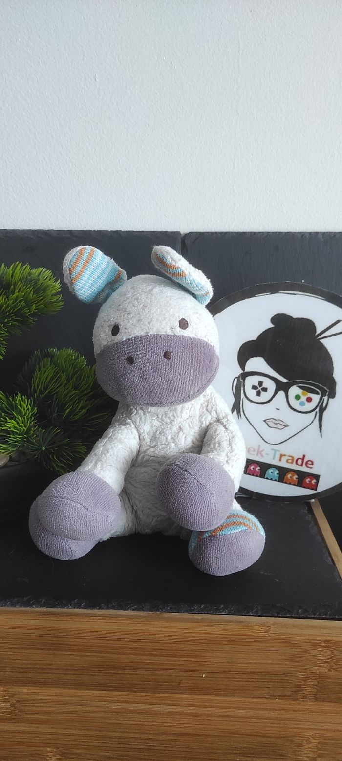 Peluche Doudou Âne Cheval Nature Découvertes Coton Bio Blanc Violet Bleu Frison