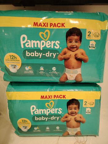 2 maxi pack de 136 couches pampers baby-dry taille 2