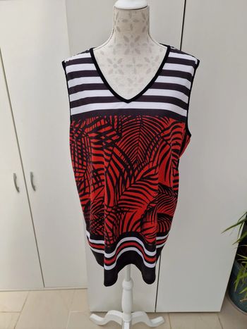 Debardeur Noir Rayures Blanches Rouges Imprimé Feuillage