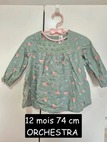 Tunique manches longues Orchestra 12 mois 74 cm vert kaki motifs fleurs belle blouse