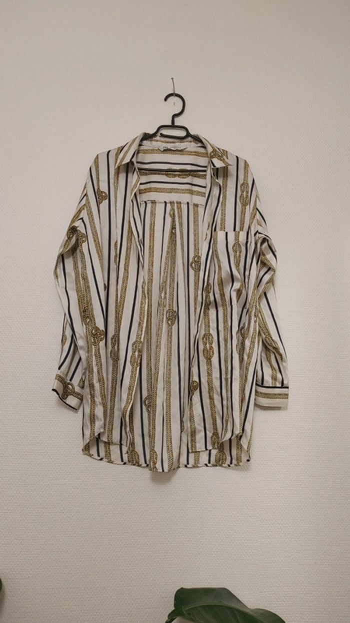 Magnifique chemise blouse satin motif doré corde rayure rayé bouton old money - photo numéro 4