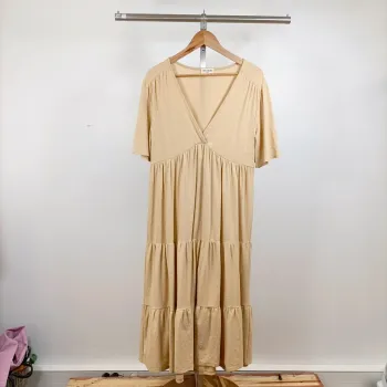 Robe longue beige CMT Atelier col cache-cœur manches courtes fluide T38 coton élasthanne A1260