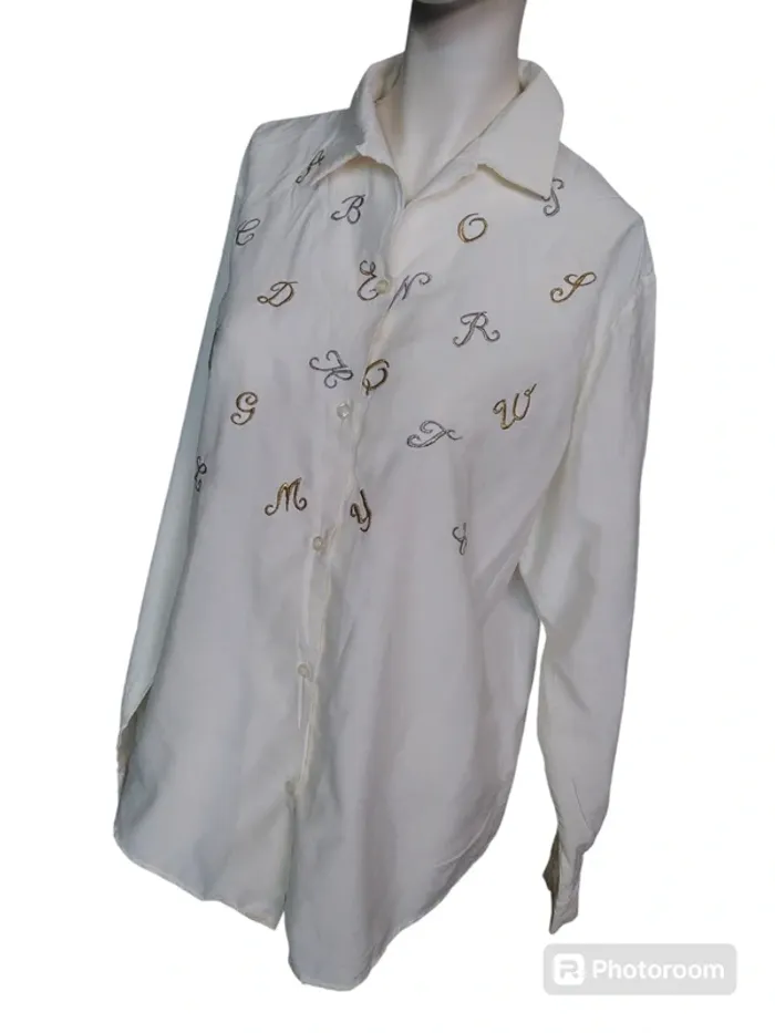 Chemisier chemise top tunique blanc lettre letter argent or vintage