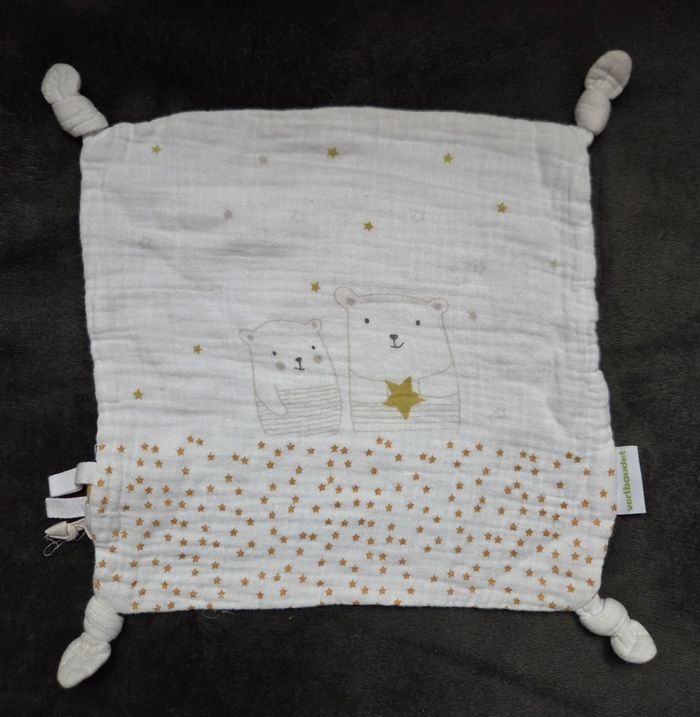Doudou carré plat lange blanc- Ours etoiles dorées- Vertbaudet