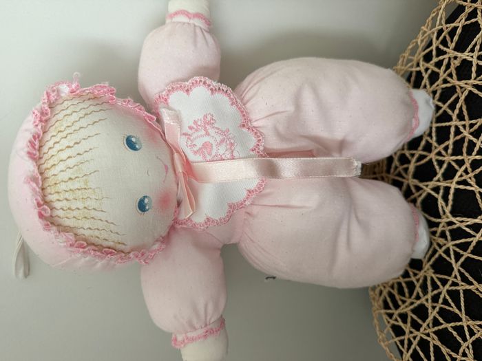 Ancien doudou poupée chiffon rose blanc pois MUNDIA